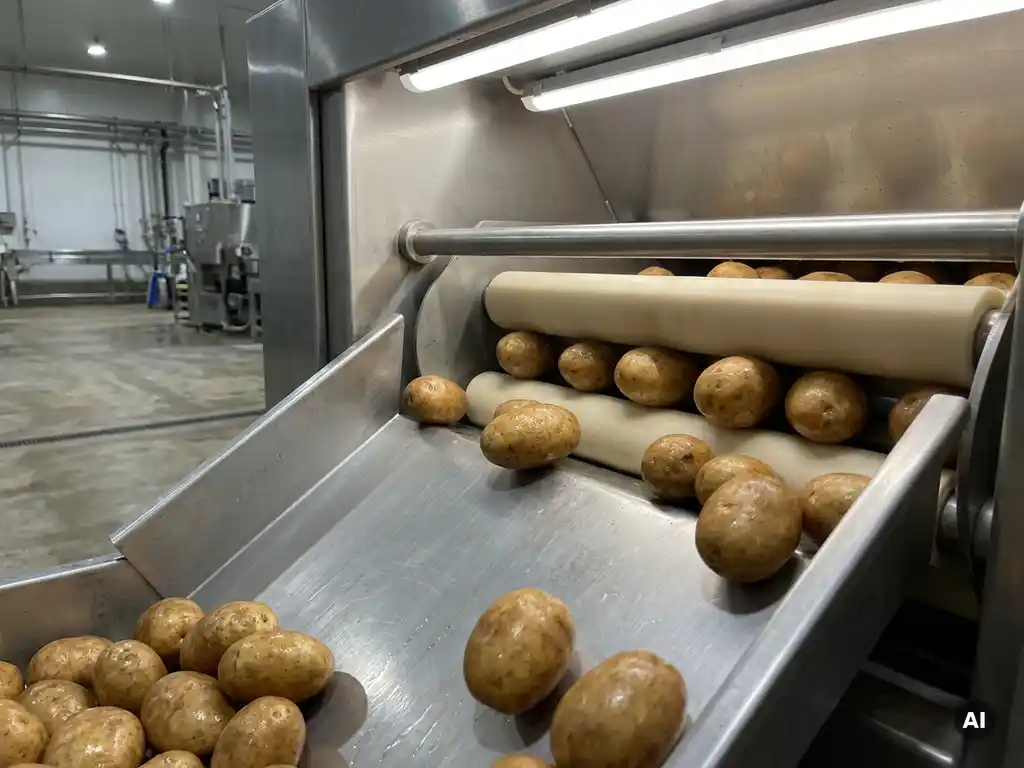 Verse aardappelen die door een roestvrijstalen industriële verwerkmachine met zachte rubberrollers glijden.