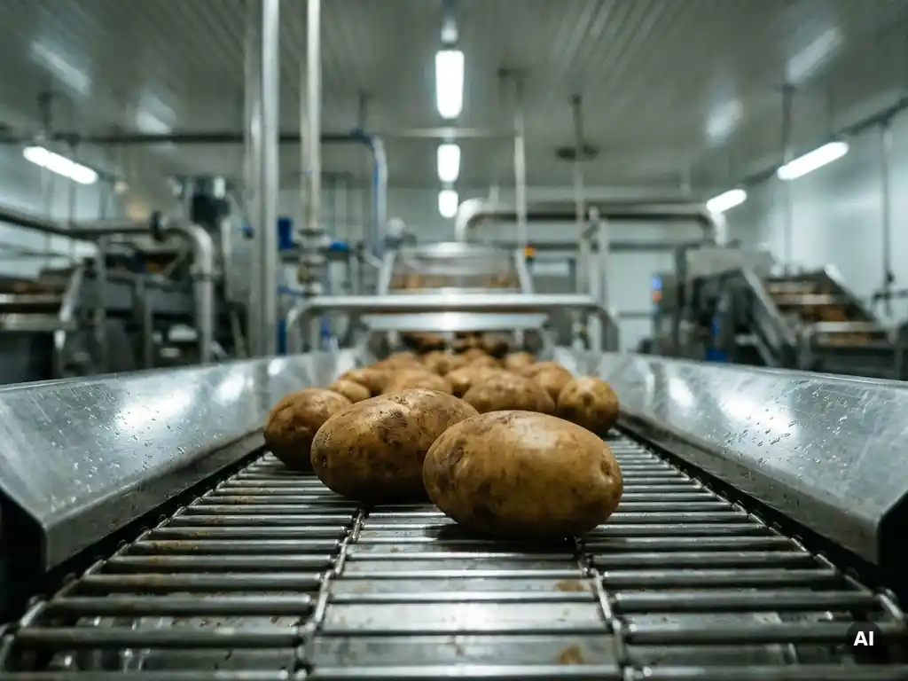 Verse aardappelen met gave schil op een roestvrijstalen transportband in een voedingsverwerkingsfaciliteit.