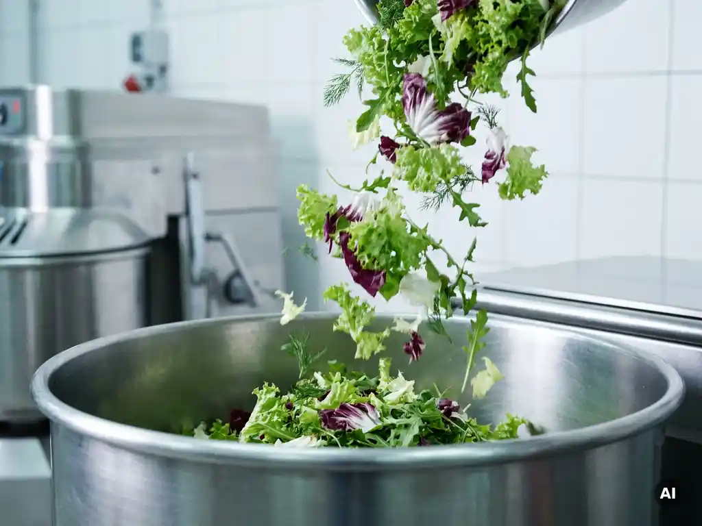 Verse gemengde sla, radicchio en kruidtakjes die in een grote roestvrijstalen mengkom vallen, voedselverwerkingsfaciliteit op de achtergrond.