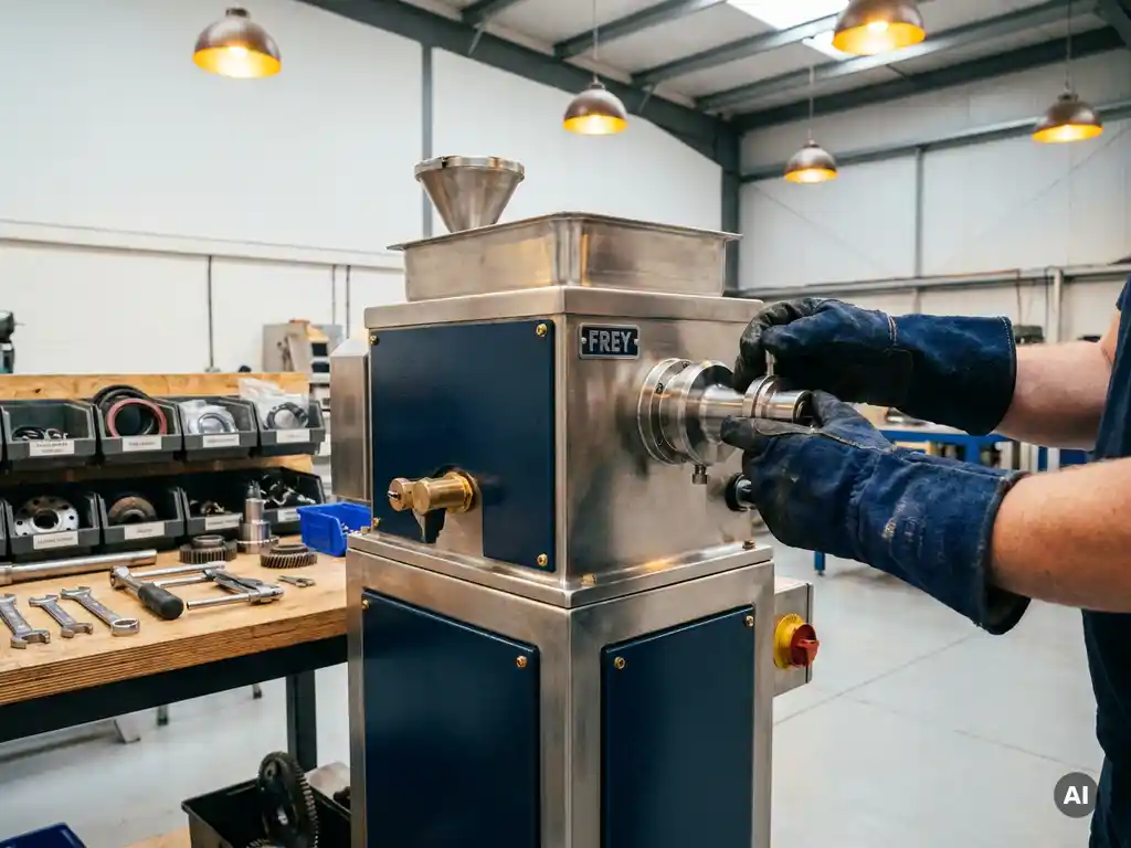Gereviseerde Frey vacuümvuller met technicus die roestvrijstalen nozzle inspecteert, gereedschap en onderdelen op werkplaatsvloer.