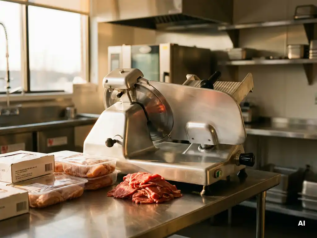 Industriële roestvrijstalen vleessnijer op professioneel werkblad, omringd door vers vlees en verpakte producten, warm zijlicht.
