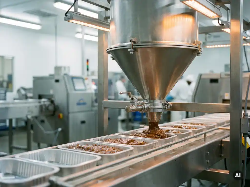 Roestvrijstalen vulmachine vult aluminium bakjes met nat petfood op een moderne voedselverwerkingslijn.
