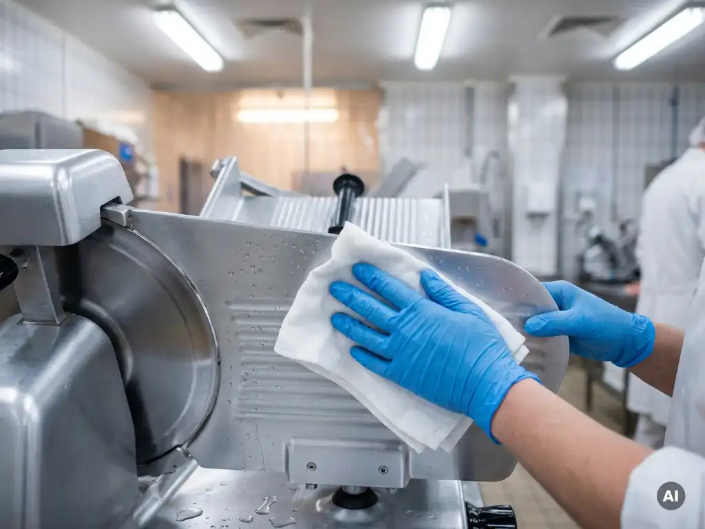 Gehandschoende handen die een roestvrijstalen voedselverwerkingsmachine afvegen met een witte doek in een professionele slagerij.