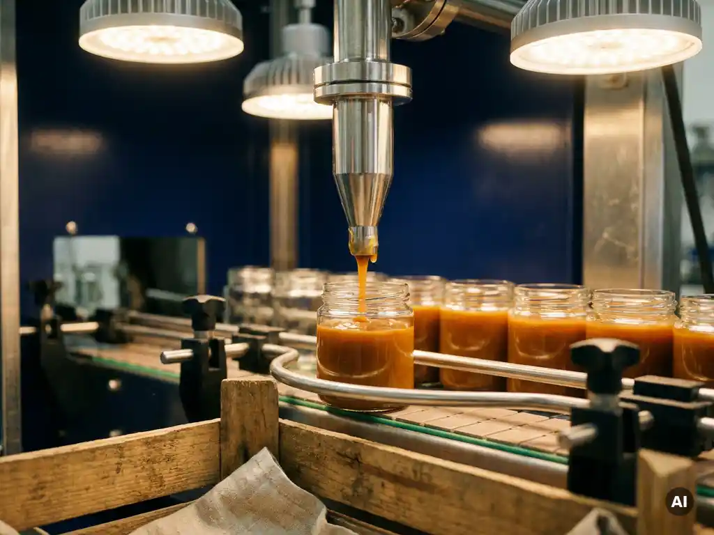 Roestvrijstalen vuldop die dikke saus in een glazen pot dosseert op een industriële productielijn, omringd door gevulde potten.