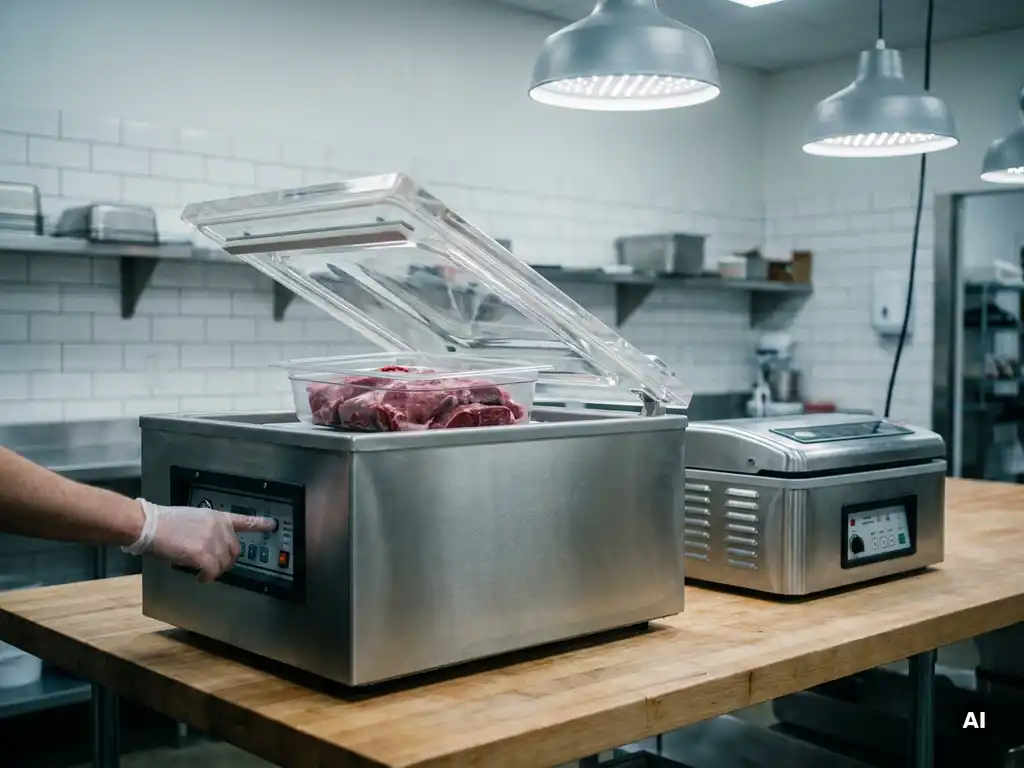 Roestvrijstalen vacuümmachine die een dienblad met verse vleessneden verzegelt op een professionele slagerswerktafel.
