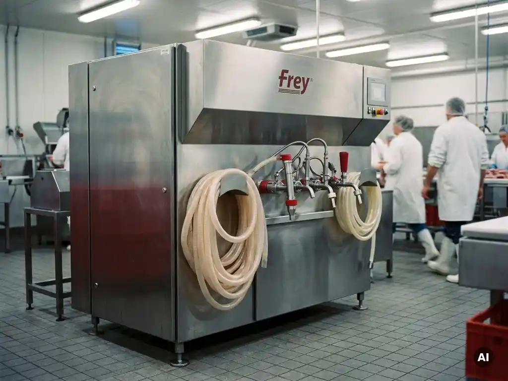 Roestvrijstalen Frey vacuümvuller in een professionele vleesverwerking, met zichtbare vulnozzles en worst darmem.