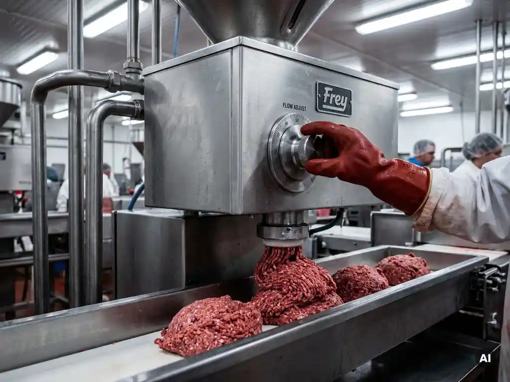 Frey vulmachine die ongelijke porties gehakt op een roestvrijstalen productielade dispenseert, technicus stelt kalibratiedial bij.