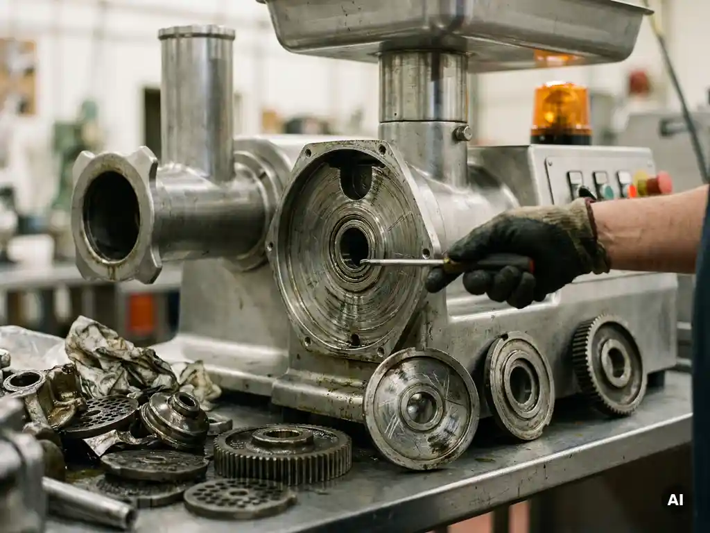 Technicus wijst met gehandschoende hand naar beschadigd lager in vleesmolen met versleten tandwielen op roestvrijstalen werkbank.