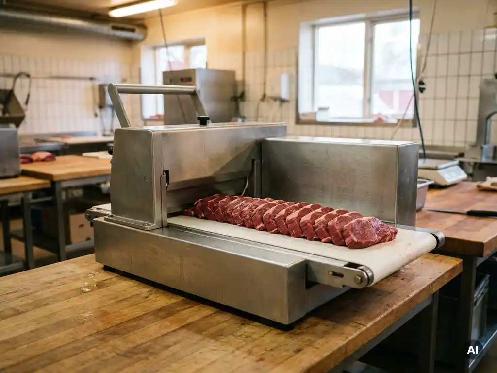 Roestvrijstalen vleesportioneringsmachine snijdt gelijkmatige stukken rood rundvlees op een professionele slagerstafel.
