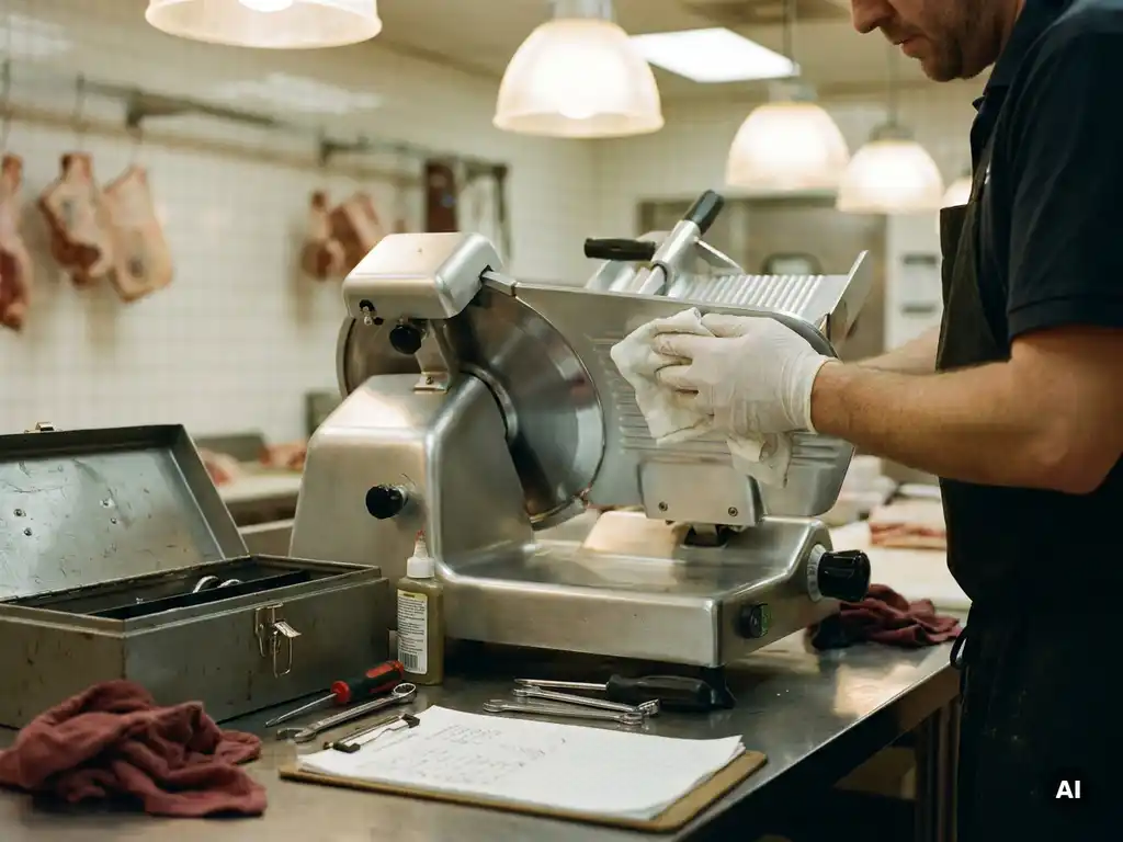 Technicus reinigt het mes van een vleessnijmachine met een witte doek, onderhoudschecklist en gereedschap op roestvrijstalen werkbank.
