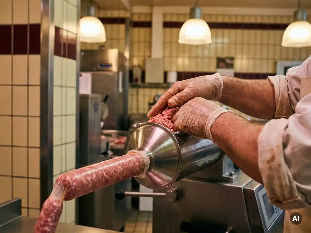 Slager vult verse worstmassa in een roestvrijstalen vacuümvuller, met zichtbare dichte vleeskorrel door transparante darm.