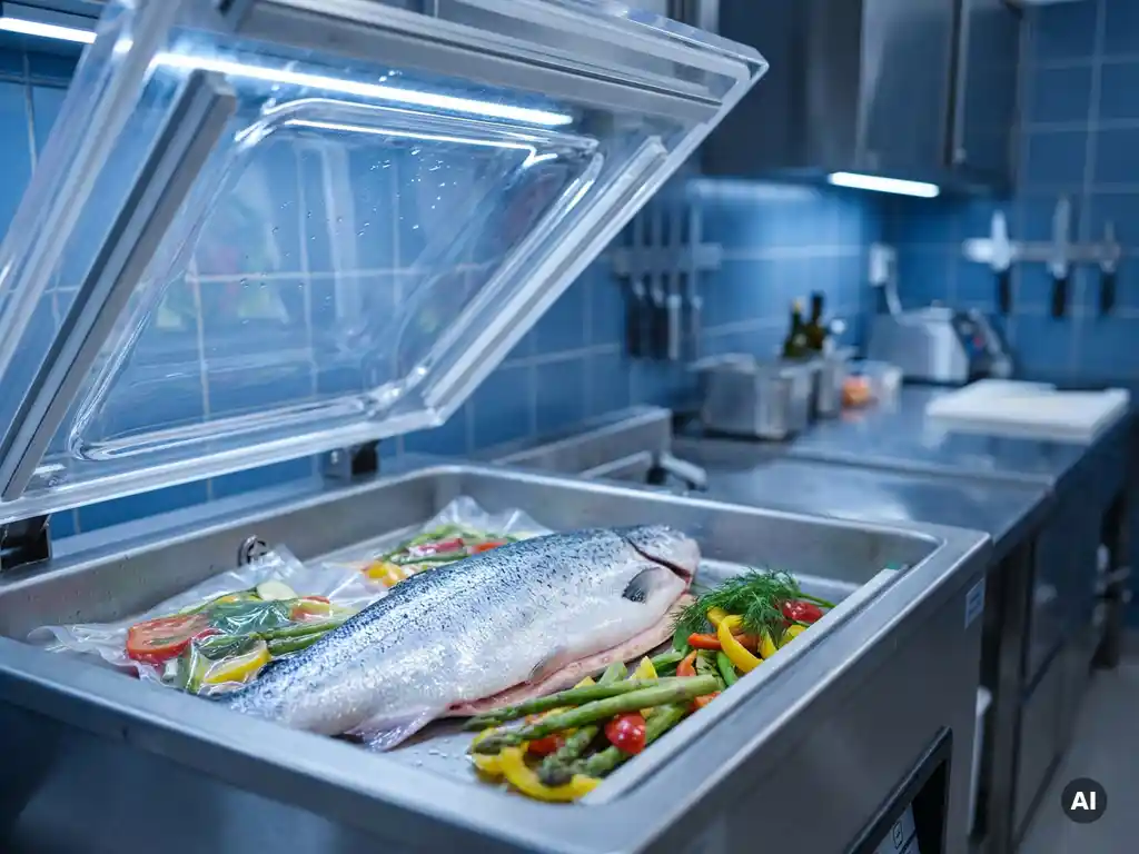 Hele verse zalmsfilet met groenten in een open vacuümsealmachine op een professioneel werkblad van roestvrij staal.